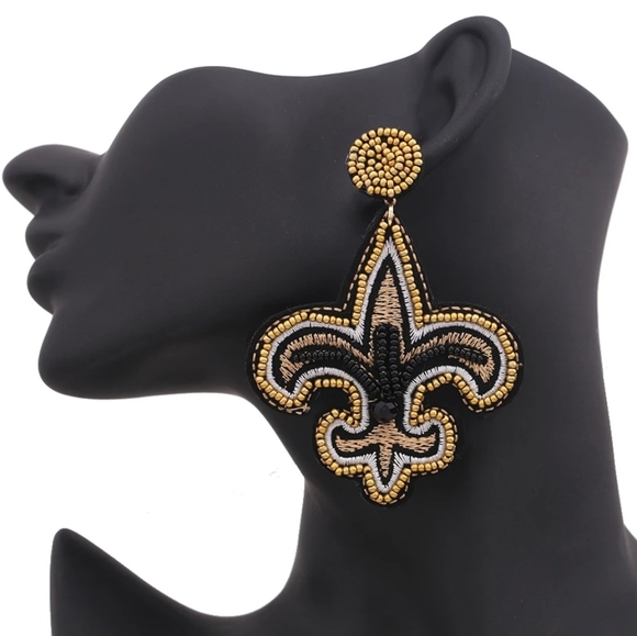 Handmade Jewelry - New Orleans Saints Beaded Statement Earrings Fleur de lis Black Gold Football
